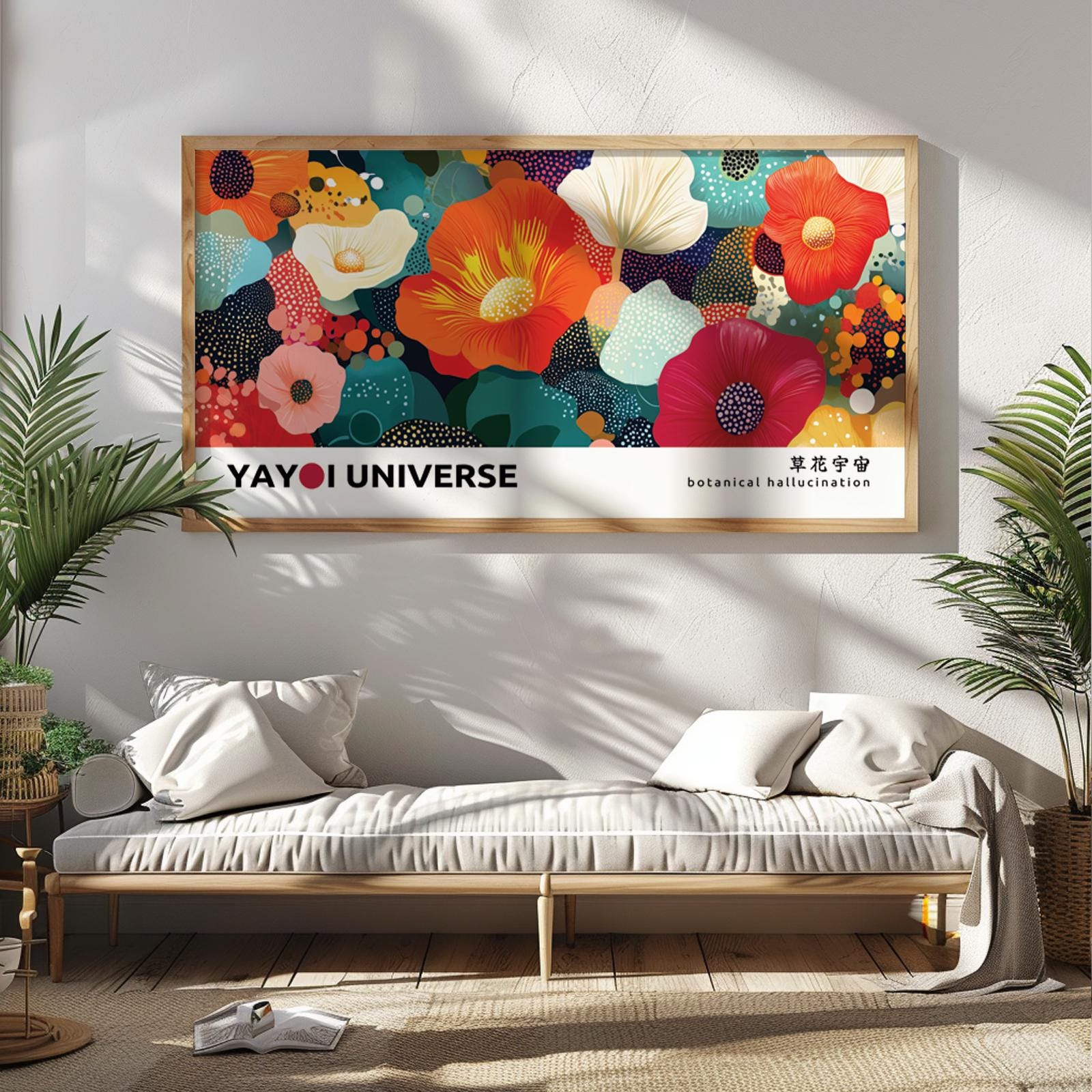Colorful abstract floral print in a light wood frame displayed above a neutral console.