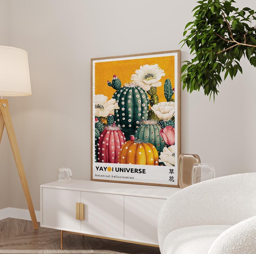 Abstract botanical Kusama-style wall art – vibrant cactus flower for bold Japandi interiors.