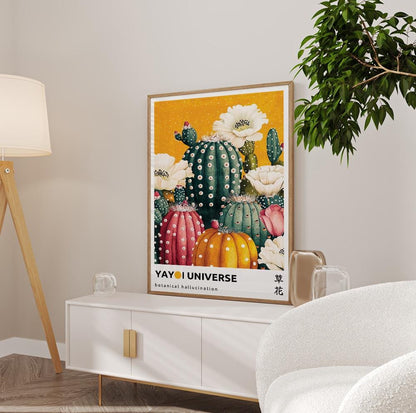 Abstract botanical Kusama-style wall art – vibrant cactus flower for bold Japandi interiors.