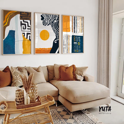 Large abstract African American art set of 3, colorful black woman portraits, Afrocentric modern wall decor.