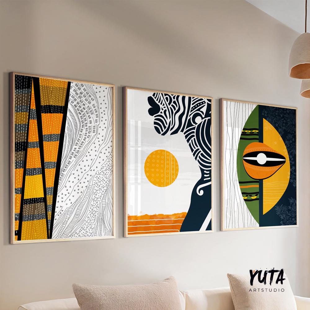 African american art set of 3 print. Abstract black woman gallery wall set. Modern colorful minimalist african wall art, housewarming gift