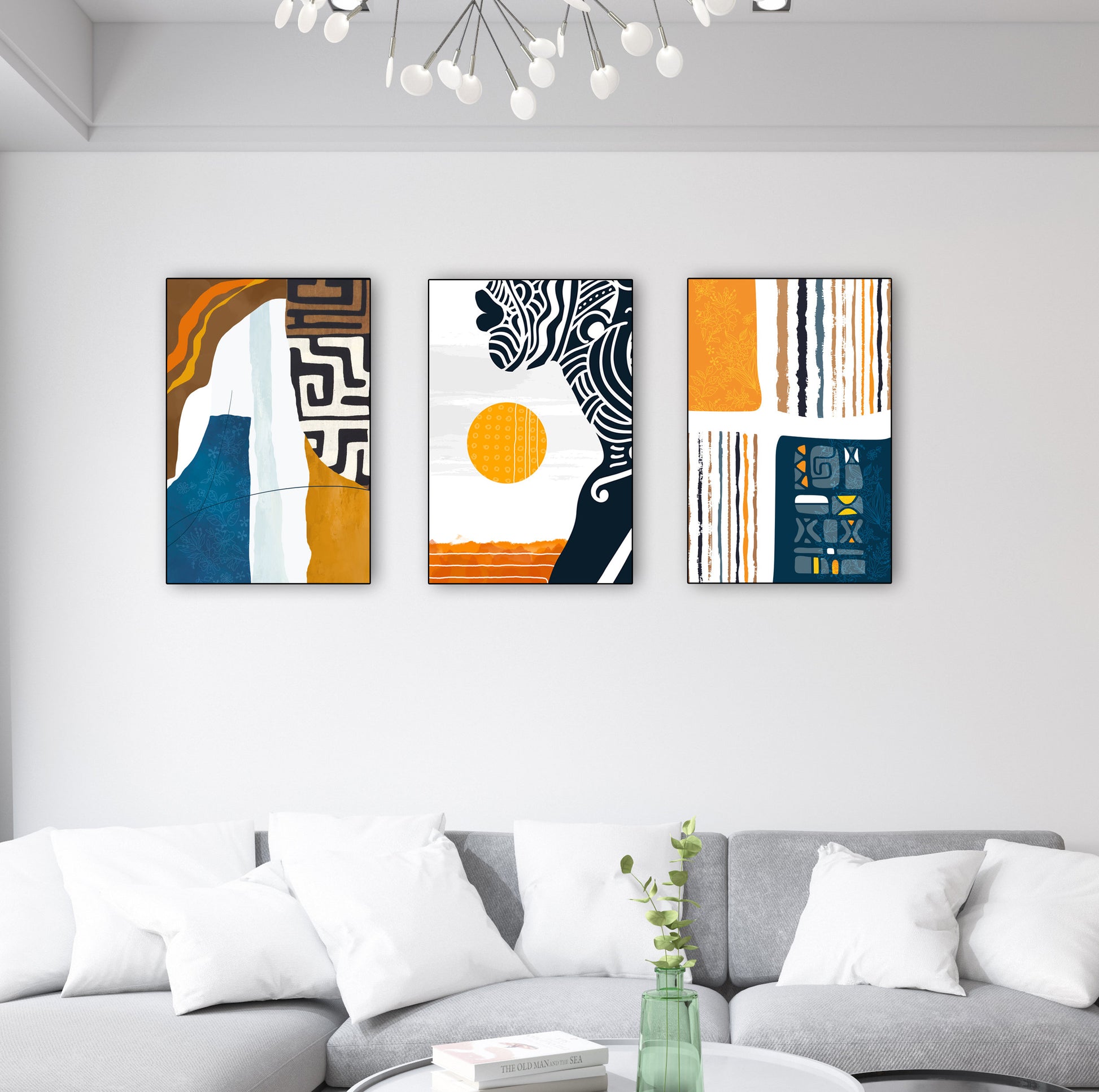 Ethnic African American black woman art set, modern abstract prints for boho bedroom wall decor and minimalist gallery wall design.