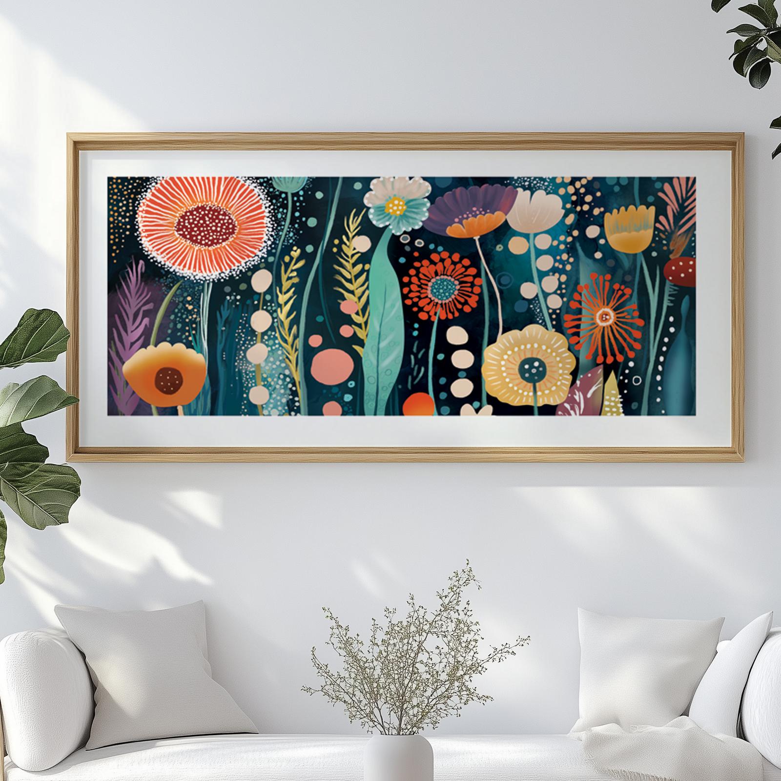 Abstract floral panorama in a light wood frame centered above a white sofa