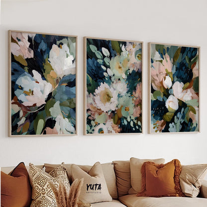 Dark botanical print set with ivory and blush accents