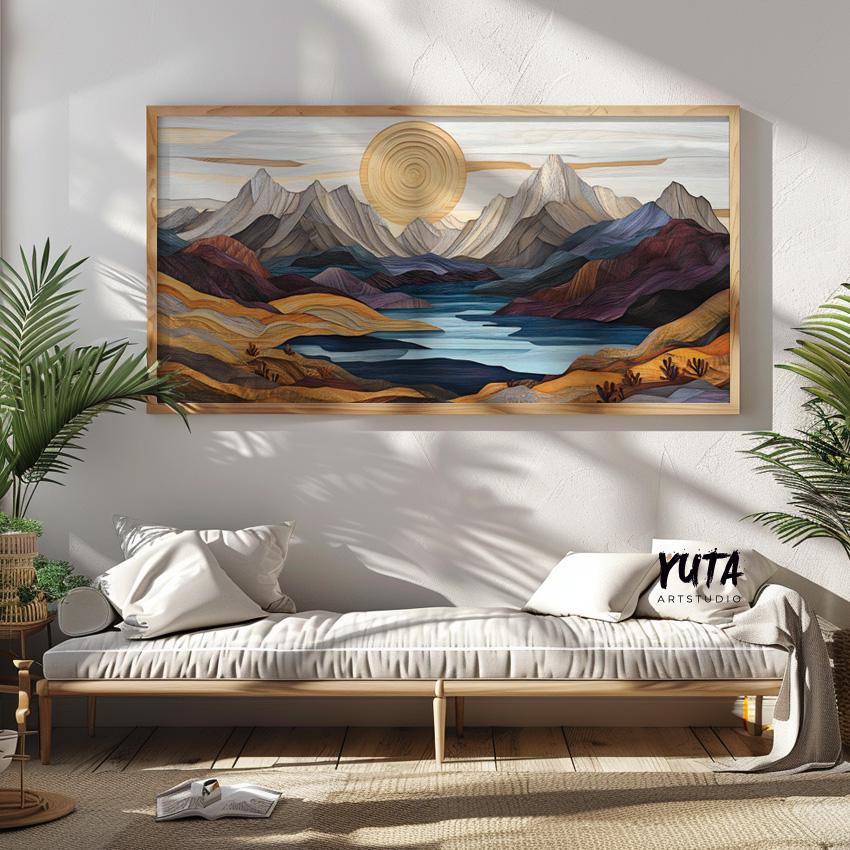 Framed pastel mountain landscape art displayed above a daybed, shown ready for secure shipping.
