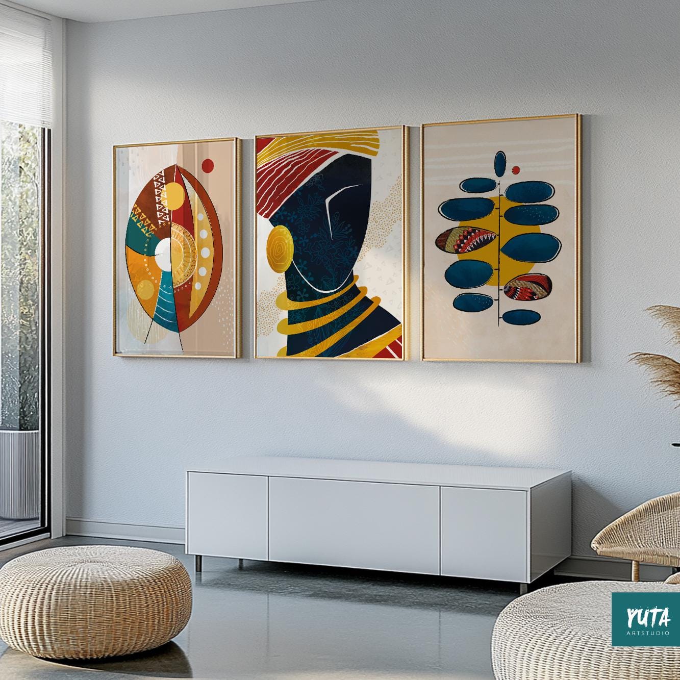 Set of 3 African abstract prints – contemporary Black woman wall art for ethnic interiors.