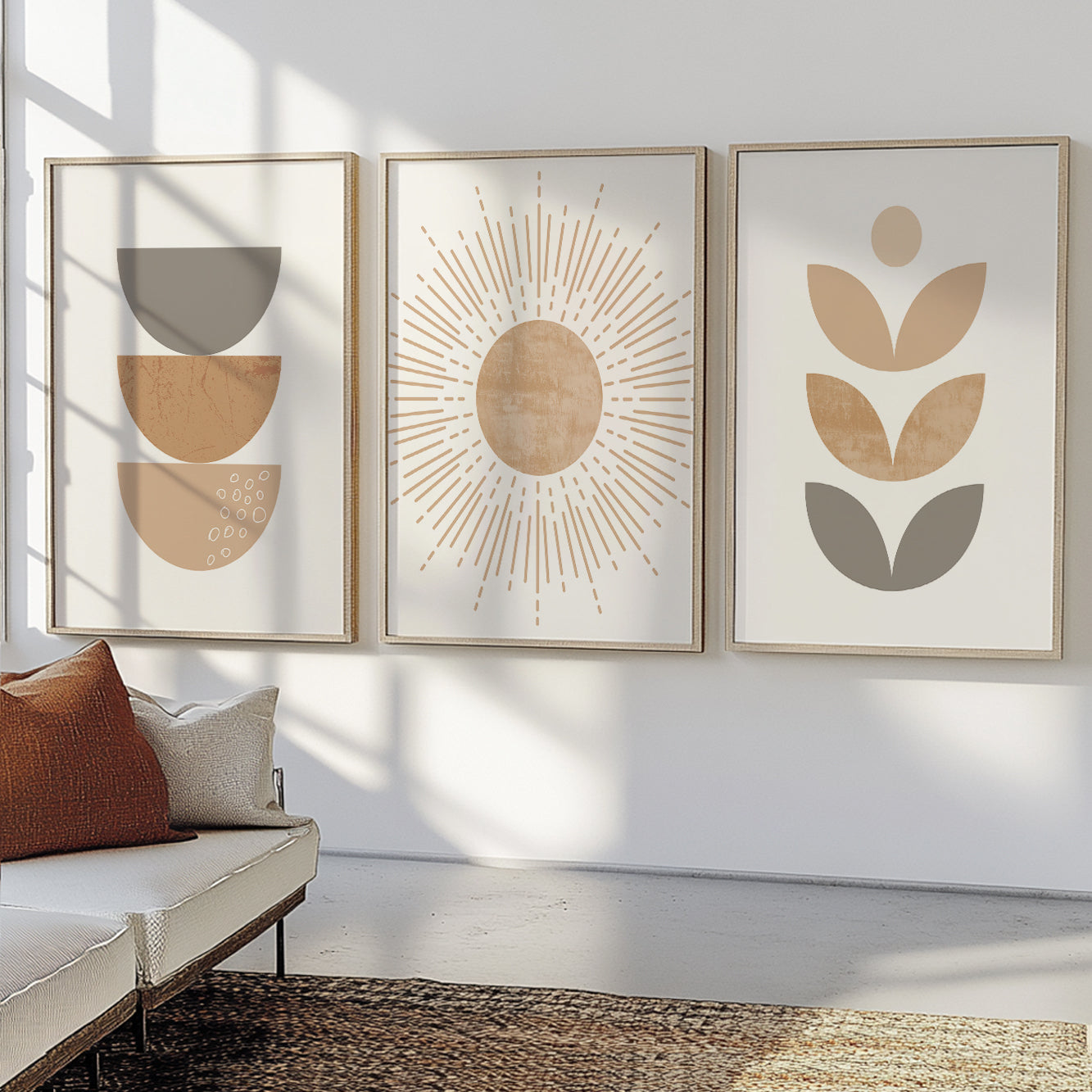 Mid-century modern wall art with abstract botanical-inspired geometric shapes