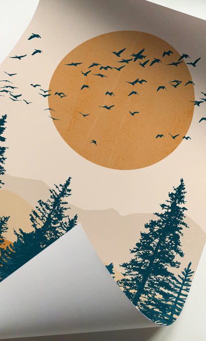 Nature landscape prints with evergreen forest and warm sunrise colors