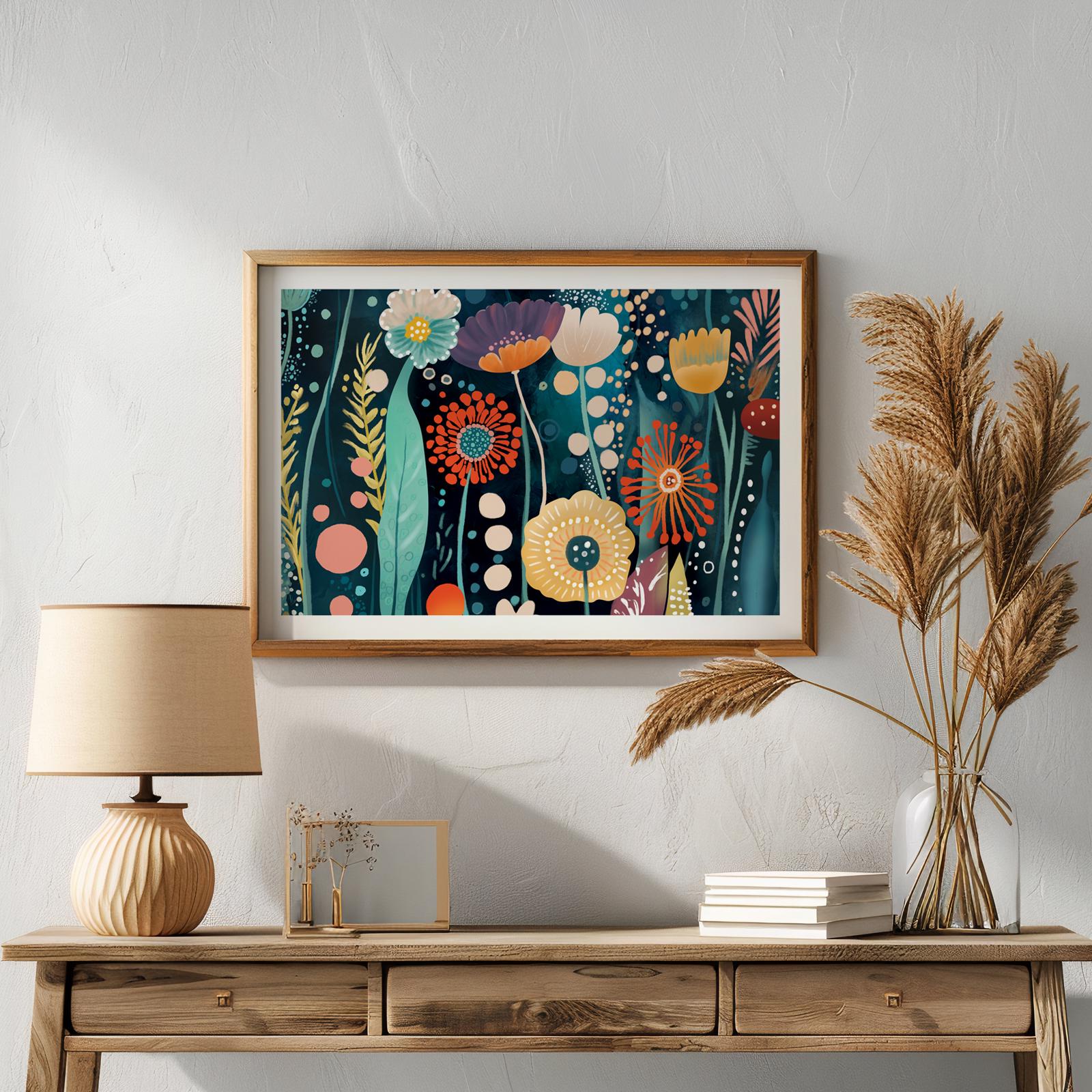 Framed abstract floral wall art with vivid colors displayed above a wooden console table