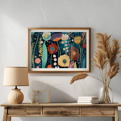 Framed abstract floral wall art with vivid colors displayed above a wooden console table