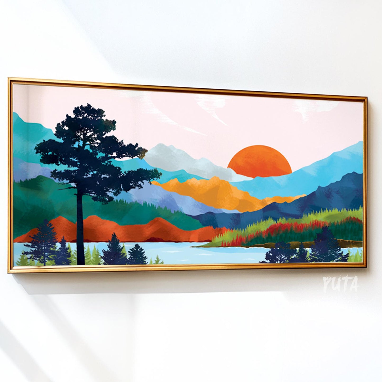 Sunset mountain wall art featuring colorful mountain ranges, forest scenery and glowing orange sun