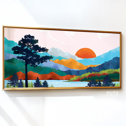 Sunset mountain wall art featuring colorful mountain ranges, forest scenery and glowing orange sun