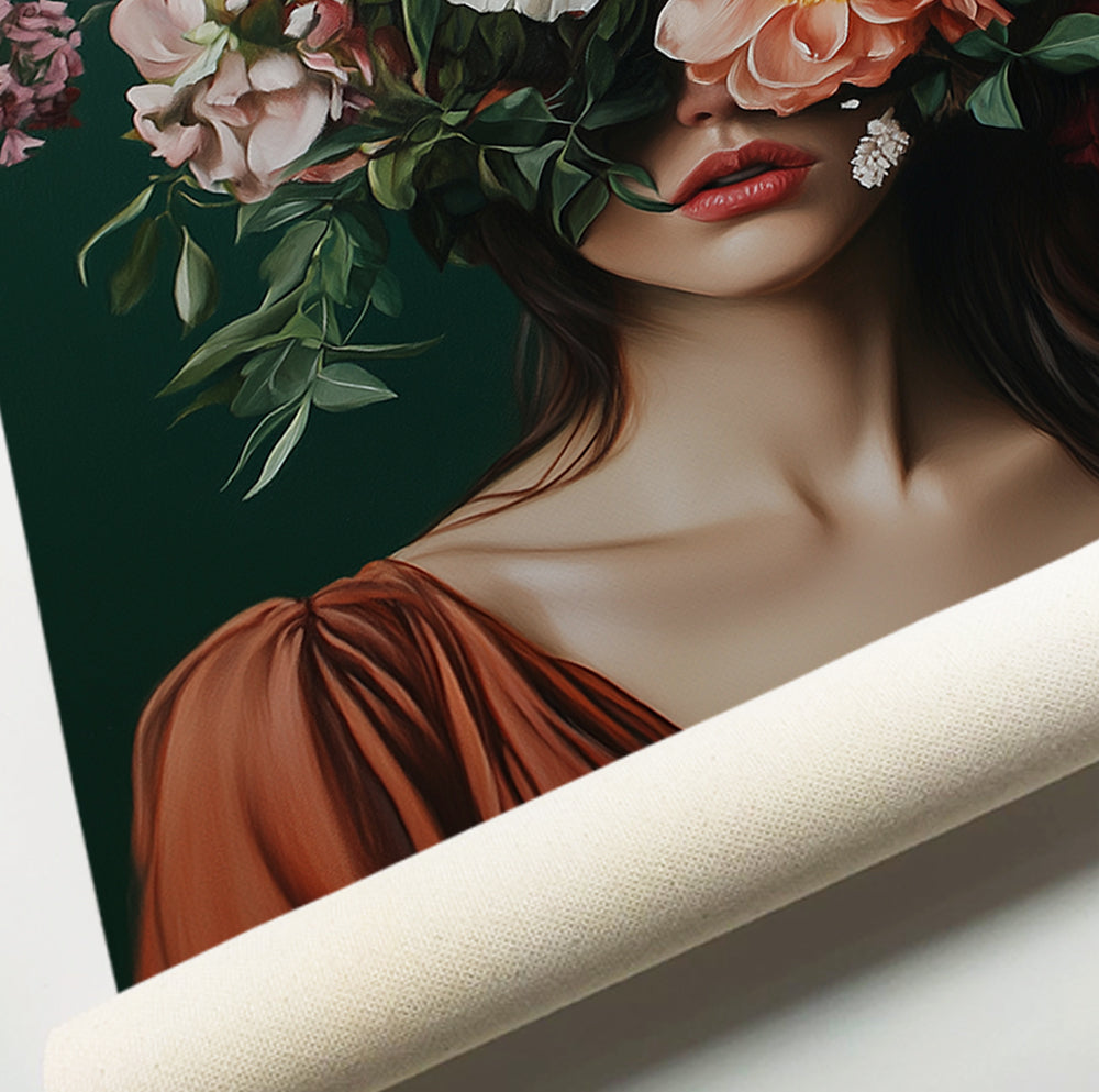 Surreal floral wall art featuring a woman with colorful flowers arranged across her face