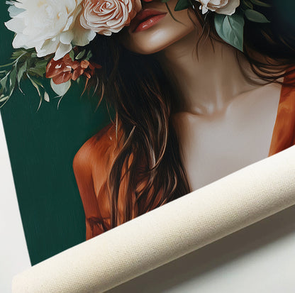 Surreal floral woman wall art with a feminine portrait and oversized bouquet on a dark green background