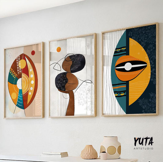 Modern african american art set of 3 print. Abstract ethnic colorful gallery wall set. Contemrorary minimalist above bed africa art