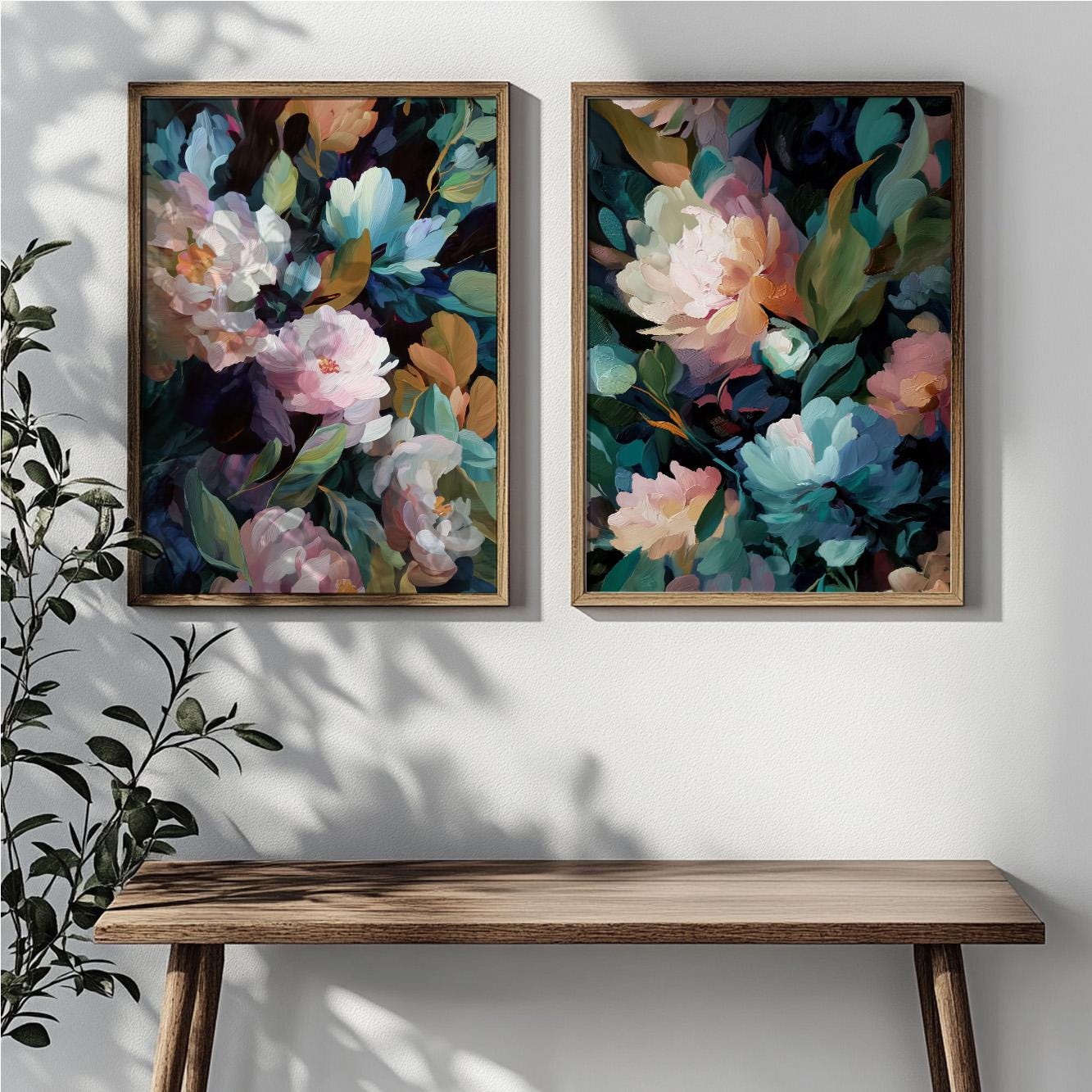 Teal floral wall art with oversized peonies, deep navy accents and painterly abstract textures