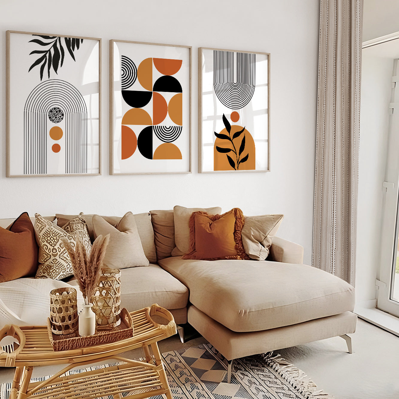 Modern geometric gallery wall featuring warm terracotta, camel, black, and ivory abstract artwork