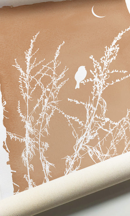 Contemporary botanical wall art with wildflowers, birds, and textured neutral backgrounds