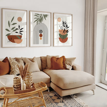 Contemporary botanical wall art combining abstract foliage with minimalist geometric forms