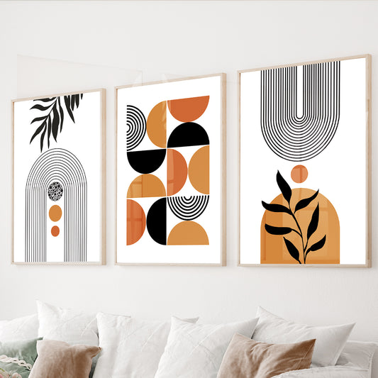 Terracotta geometric wall art set of 3 featuring minimalist arches, botanical silhouettes, and abstract shapes