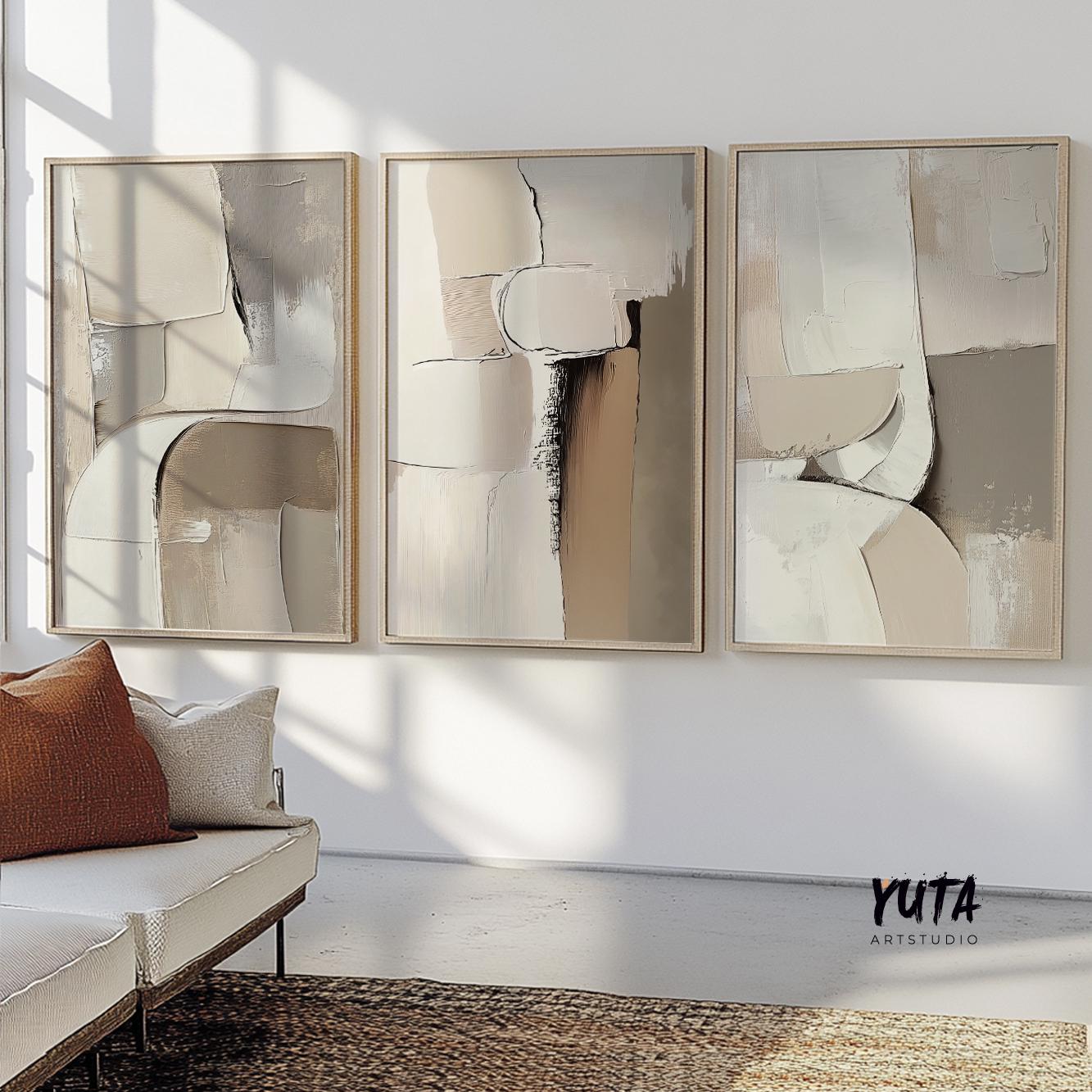 Textured abstract wall art with beige and ivory tones, contemporary shapes and minimalist aesthetic