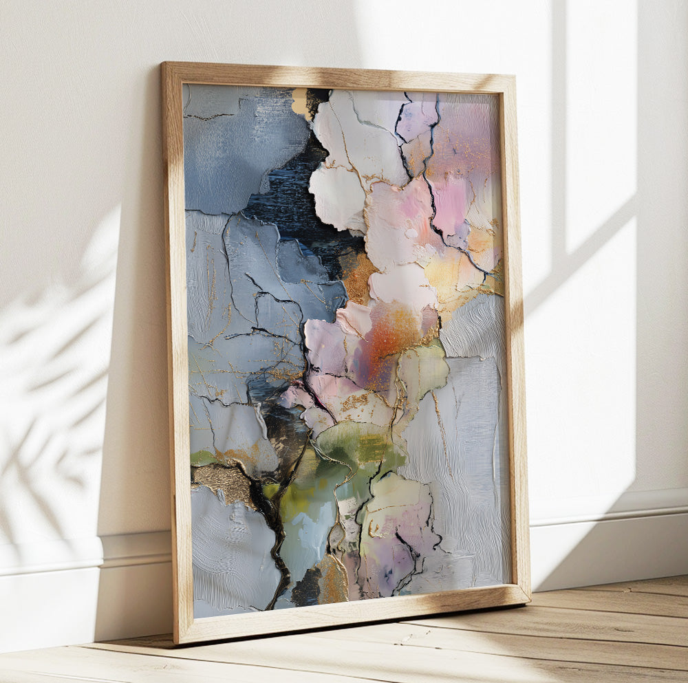 Textured abstract wall art duo featuring layered blue grey, cream, pink and green shapes with dark contrasting details.