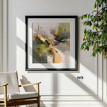 Abstract olive green and beige artwork in a black frame mounted on a sunlit wall.