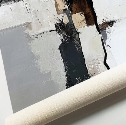 textured brushwork and architectural lines in black, ivory, taupe and soft gray tones