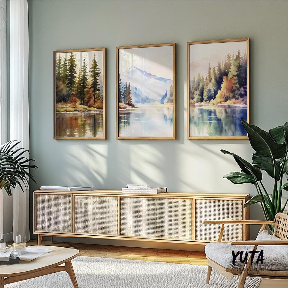 Neutral landscape wall art collection showcasing pine trees, mountain views and reflective lakes for modern home decor