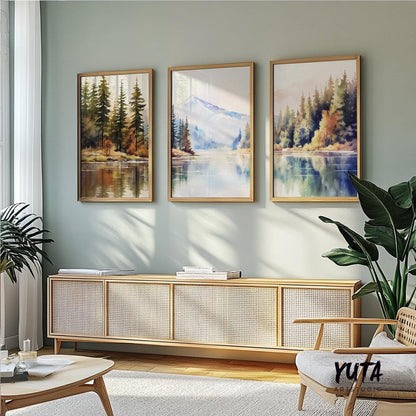 Neutral landscape wall art collection showcasing pine trees, mountain views and reflective lakes for modern home decor