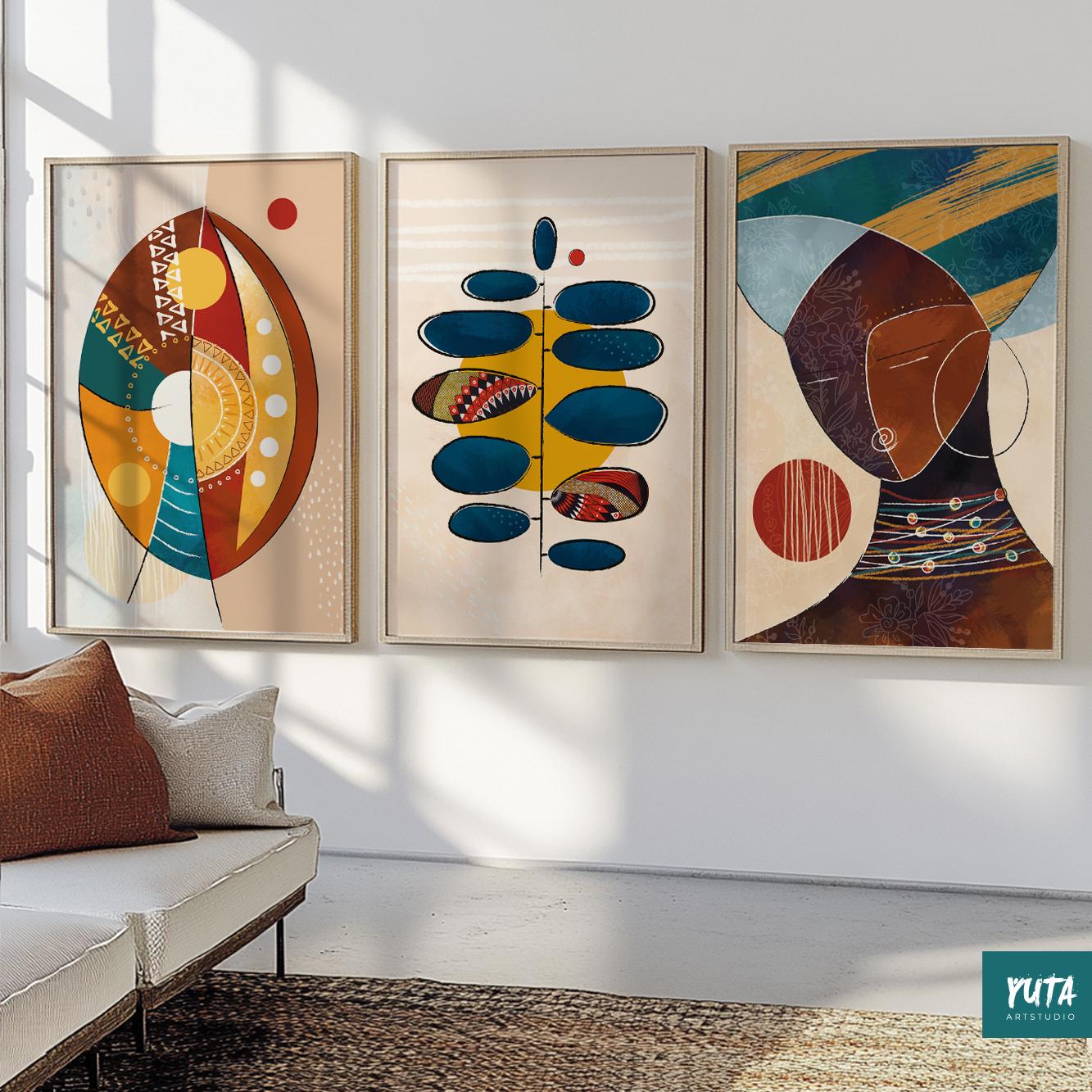 Ethnic abstract wall print set – modern Black woman portraits for powerful, expressive interiors.