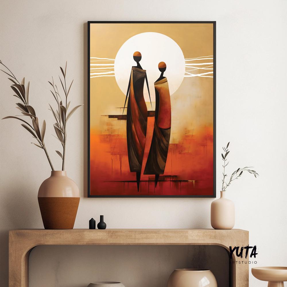 Modern minimalist neutral african wall art print. Contemporary abstract femile figures extra large poster, african ethnic home gift idea