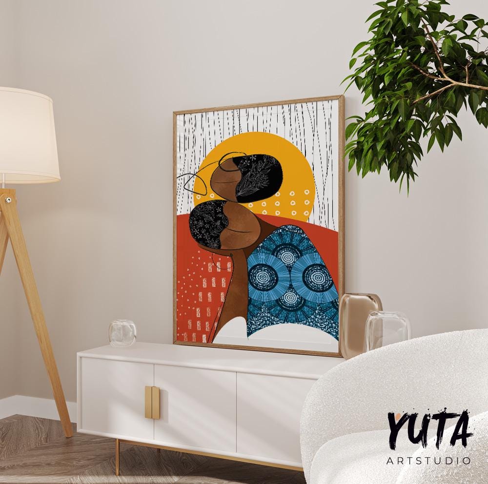 Abstract tribal black woman portrait. Bright modern african american art, girl faces minimalist print, above bed decor, aesthetic room decor
