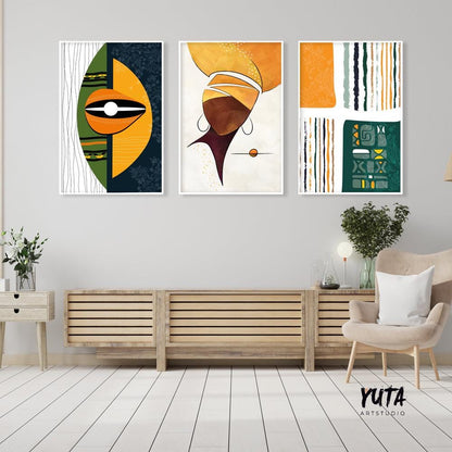 African abstract art prints – green-toned Black woman portraits for modern ethnic wall decor.