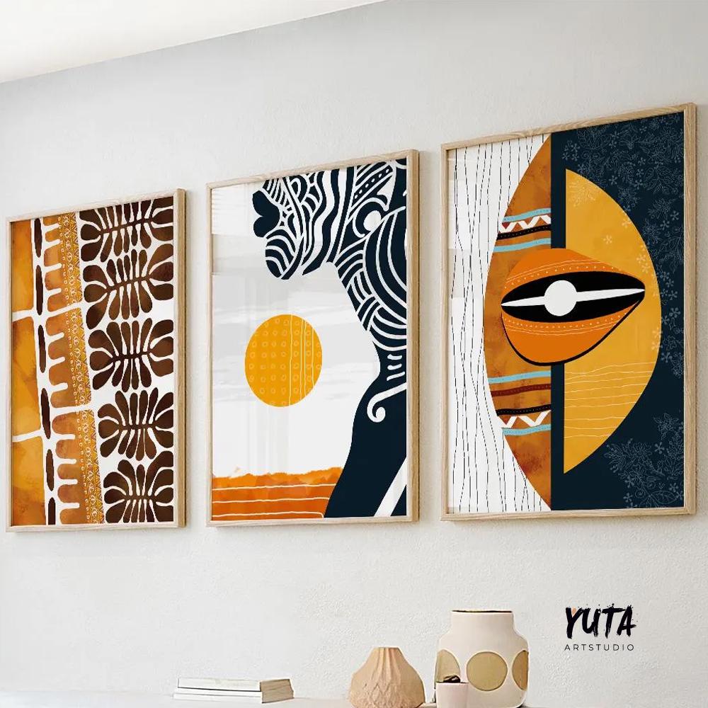Tribal wall art set featuring African inspired motifs, abstract forms and rich orange and black color contrasts