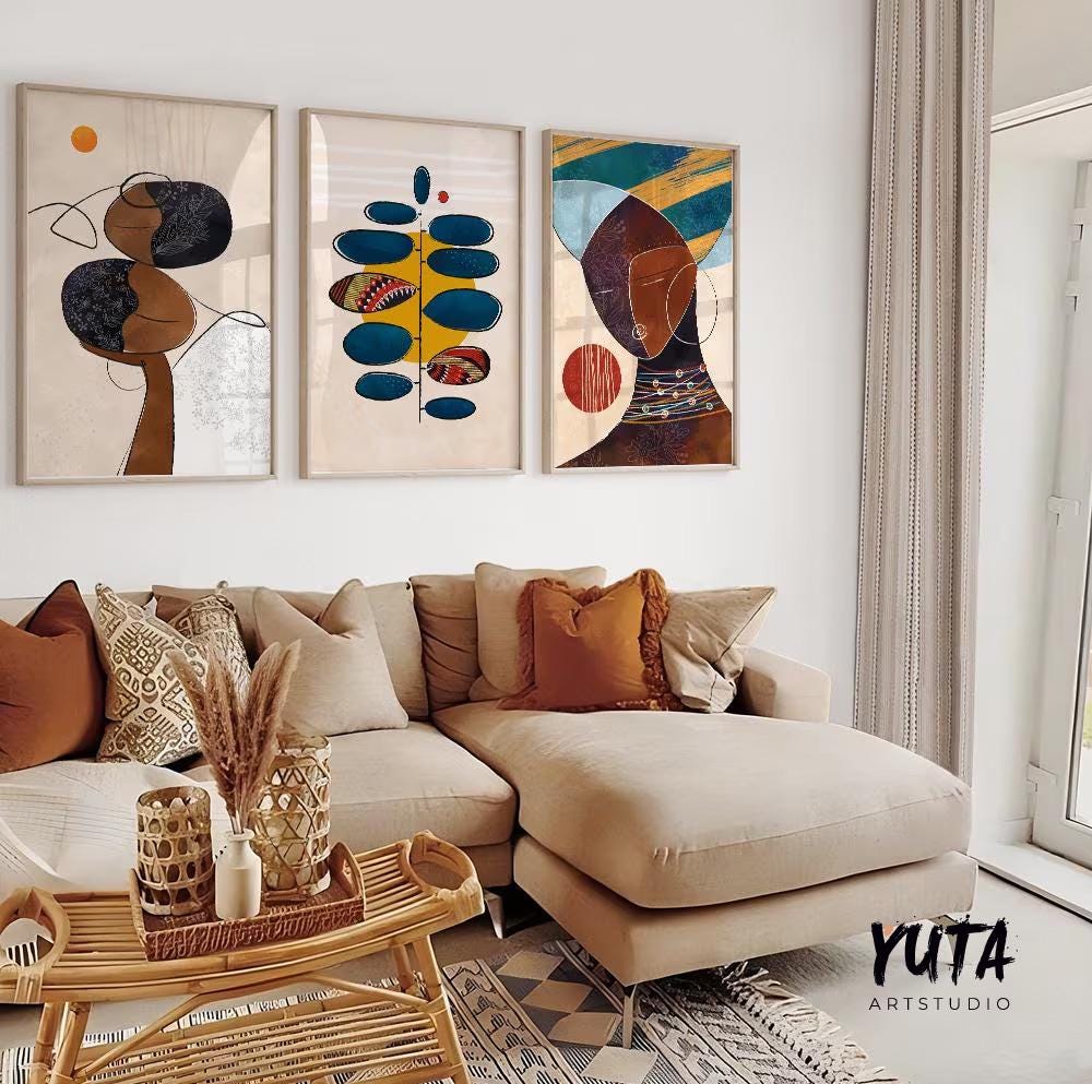Modern colorful African American abstract wall art set with black couple portraits, perfect for creating an ethnic gallery wall in your home.