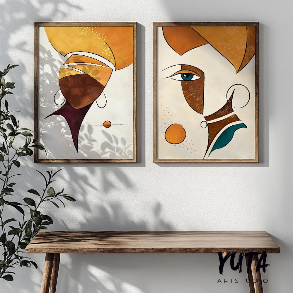 Set of 2 modern african american art print. Black woman portrait. African girl faces painting, abstract minimalist posters