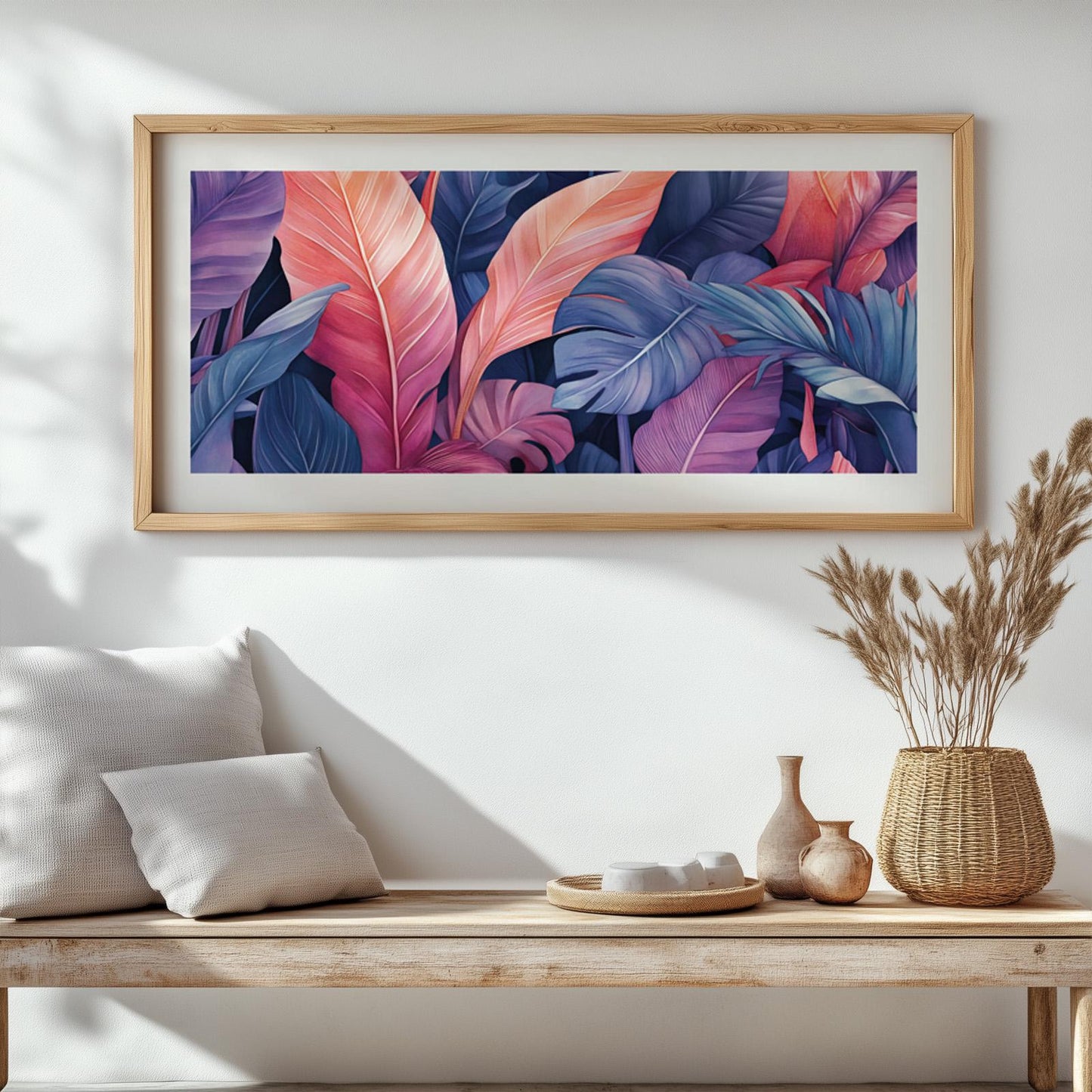 Tropical botanical print featuring exotic leaf patterns and bold contemporary tropical colors
