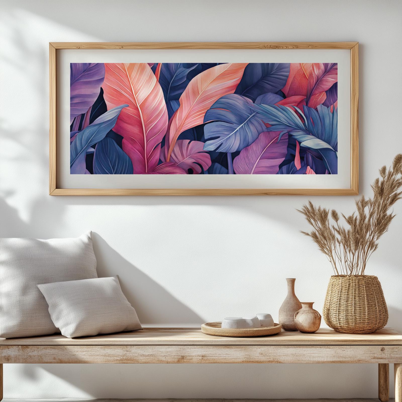 Tropical botanical print featuring exotic leaf patterns and bold contemporary tropical colors