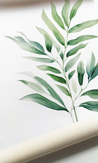 Nature-inspired botanical artwork showcasing elegant tropical foliage in soft green tones