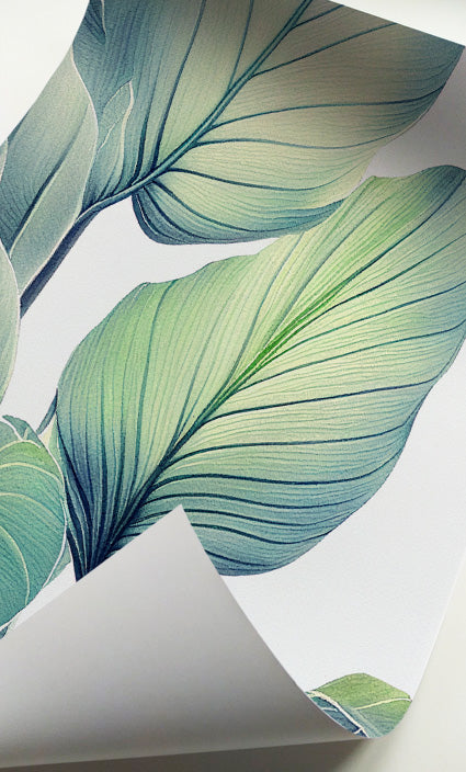Green tropical leaf prints with minimalist botanical design and natural color palette