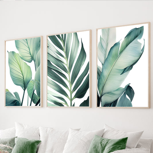 Tropical botanical wall art set of 3 featuring elegant green leaves