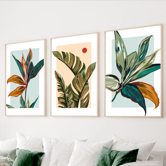 Tropical botanical wall art set of 3 featuring colorful palm leaves and banana leaf illustrations