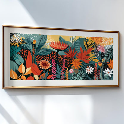 Framed abstract tropical floral artwork hung on a white wall with sunlight streaming in.