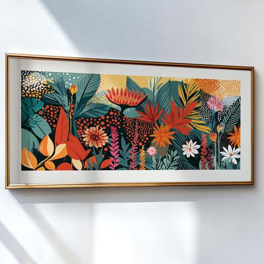 Framed abstract tropical floral artwork hung on a white wall with sunlight streaming in.