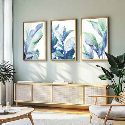 Modern tropical leaf prints with botanical foliage in calming blue, mint, and green colors