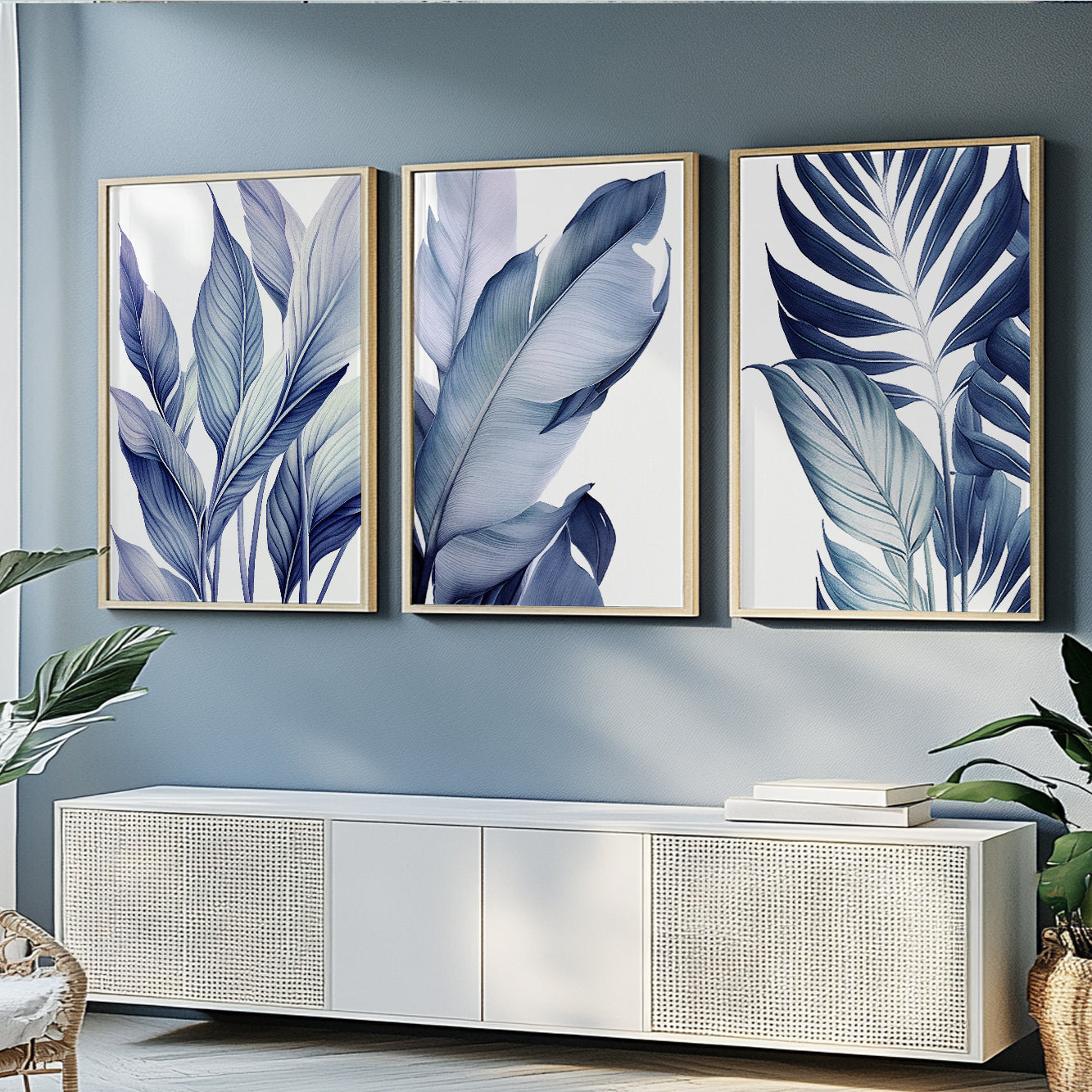 Modern tropical leaf prints with minimalist botanical illustrations in calming blue colors