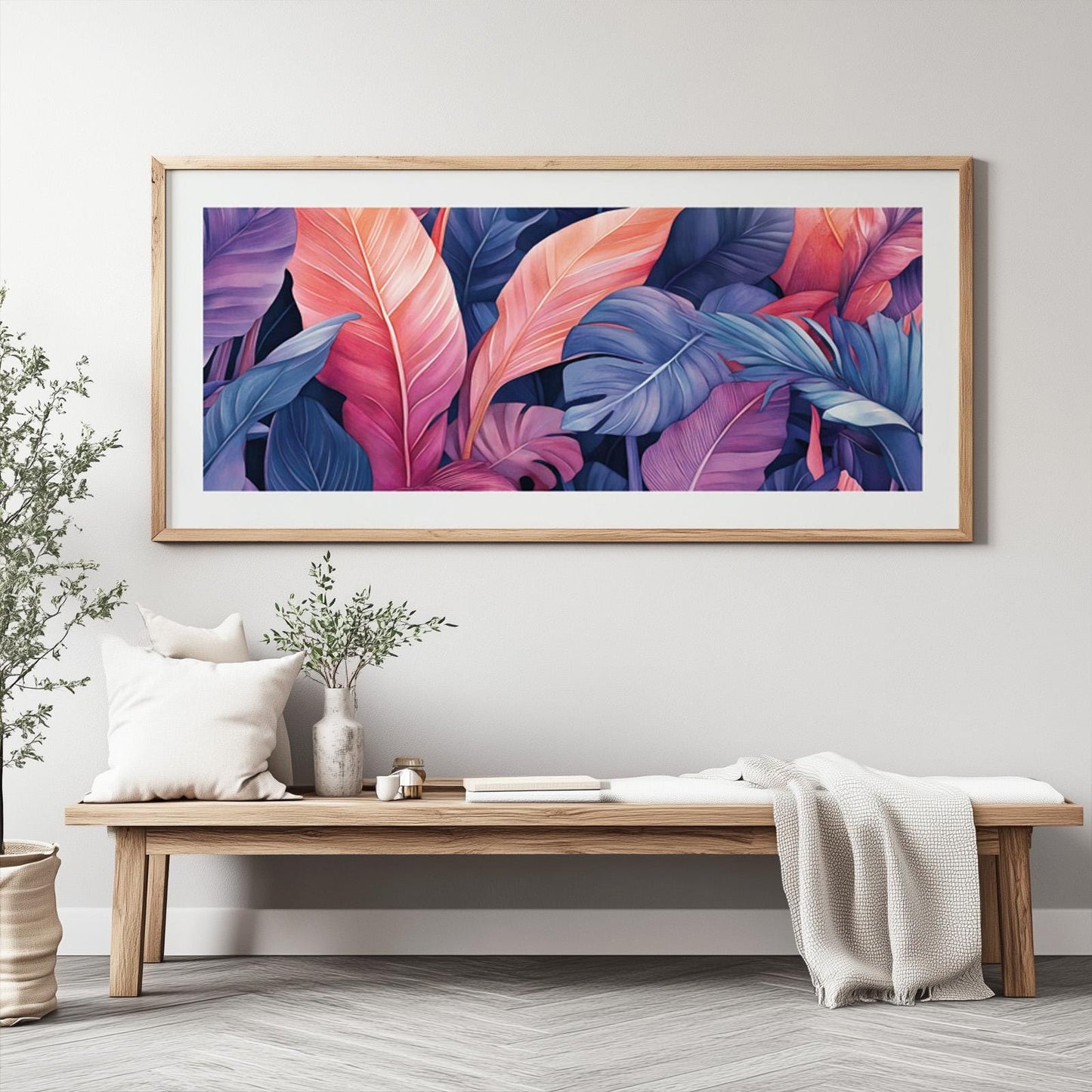 Tropical leaf wall art featuring oversized botanical foliage in vibrant pink and blue color palette