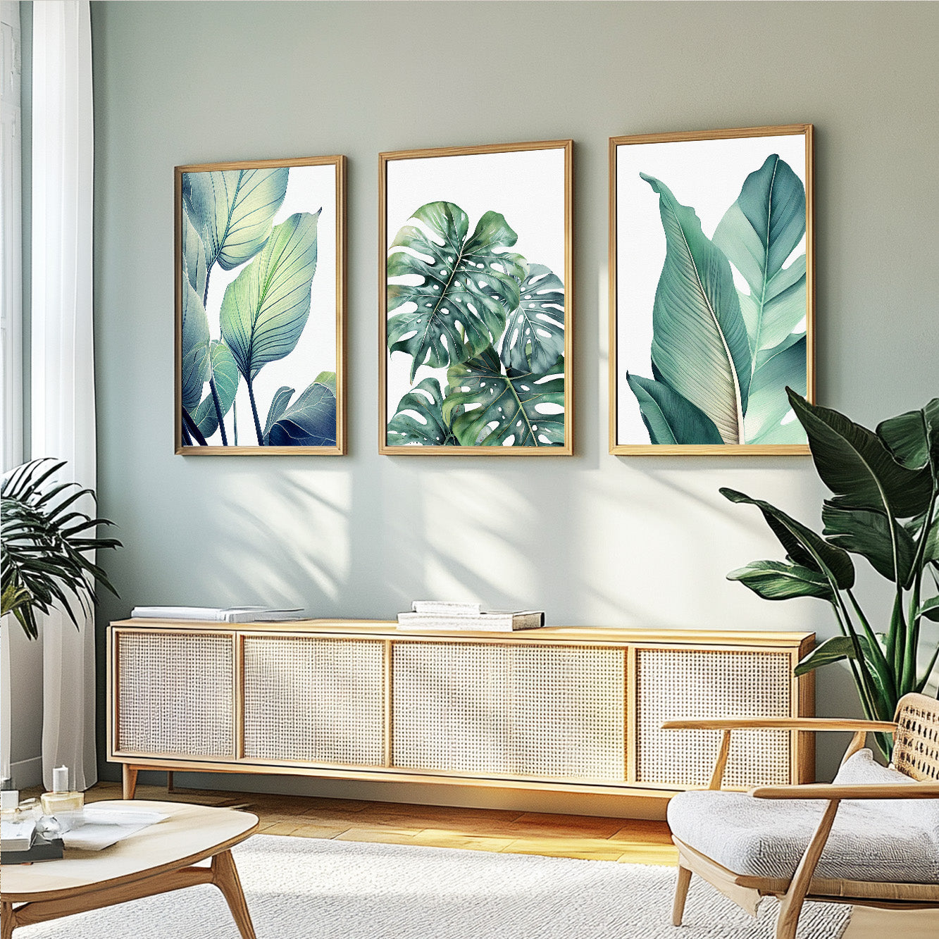 Tropical leaf wall art with elegant botanical illustrations in green and muted blue colors