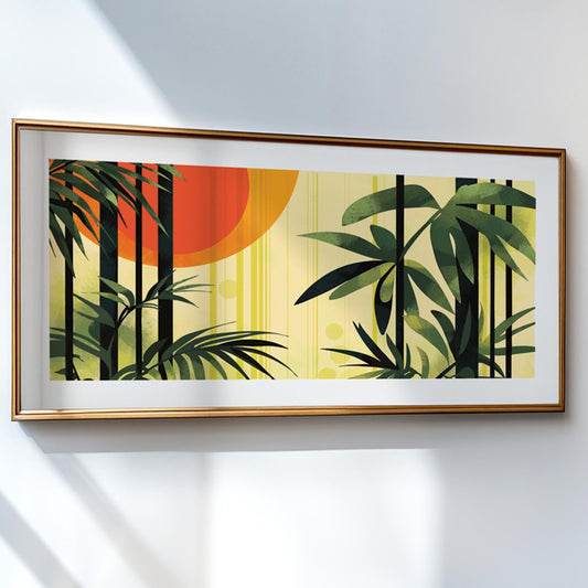 Tropical leaf wall art featuring bold palm silhouettes and warm sunset tones in a mid century modern interior